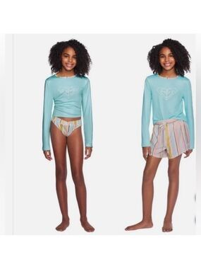 Roxy Girls Swim Set Light Blue 3-PC UPF 50 Rash Guard Bikini Bottom Shorts